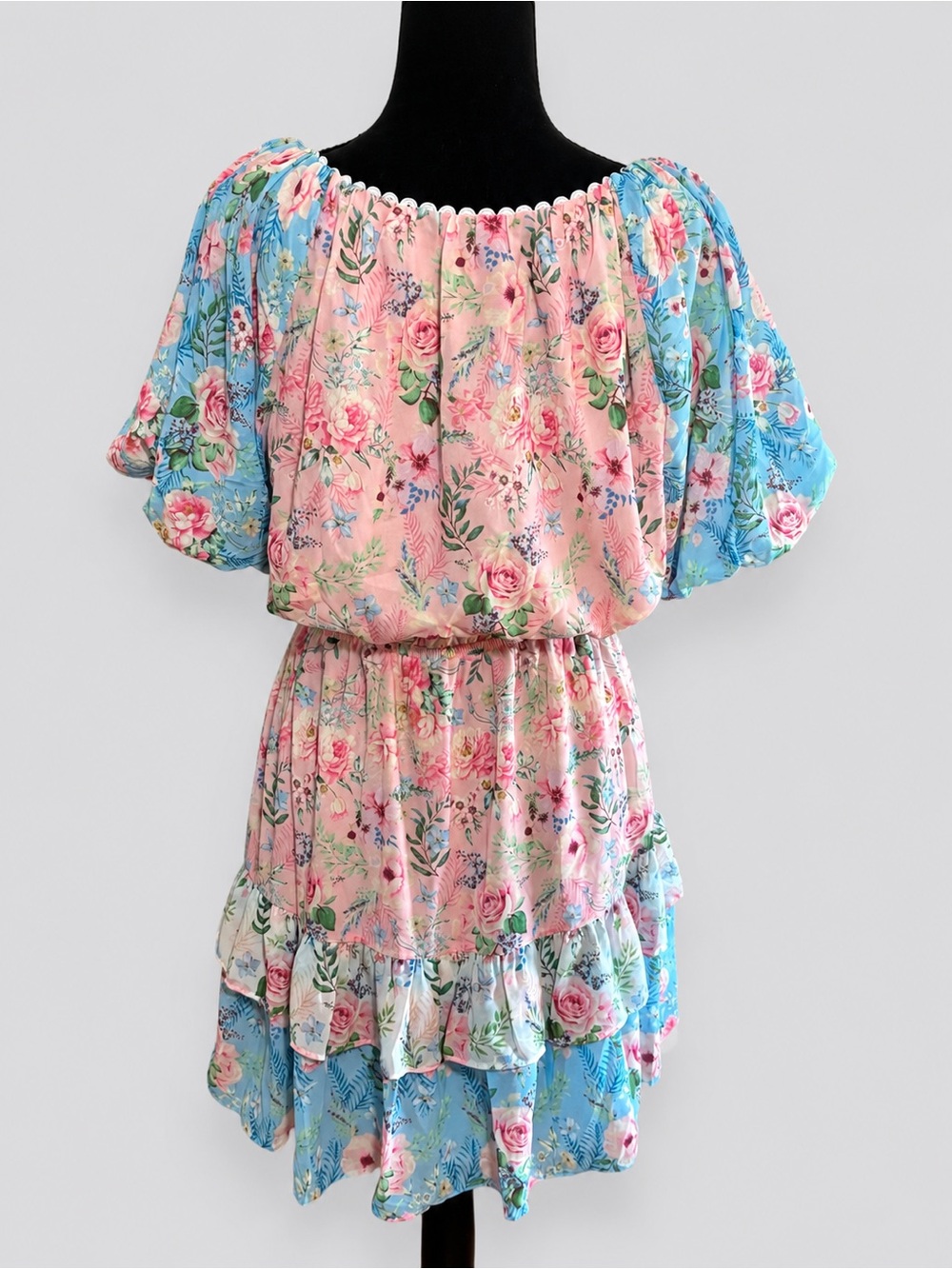 Lovecolette Floral Dress Sz L Pink Blue Cottagecore Puff Sleeve Coquette Mini - Picture 4 of 10